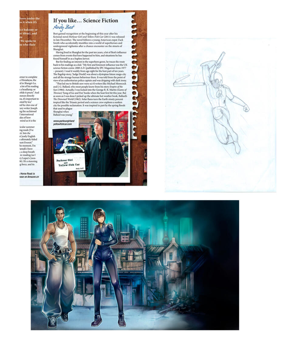 Parkour Girl and Hit Man stand in an old Shanghai neighborhood, a magazine review, a concept sketch